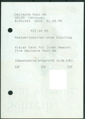 Postquittung 1999, Beleg Postwertzweichen ohne Zuschlag -1a.jpg